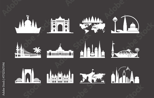 Famous landmarks silhouette vector, global monuments illustration, travel skyline icons, world architecture outline, editable design, cultural heritage shapes, tourism graphic, isolated stock art