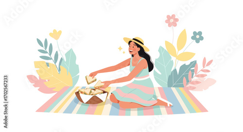 Joyful Woman Preparing For a Relaxing Picnic Outdoors Amidst Natural Foliage