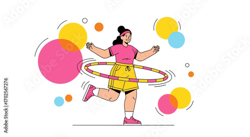 Joyful Woman Spinning a Hoop While Recreating Happiness and Colorful Bubbles in Joyful Motion