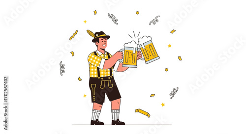 Oktoberfest Celebration: Festive German Man Raises Steins In Joyous Toasts