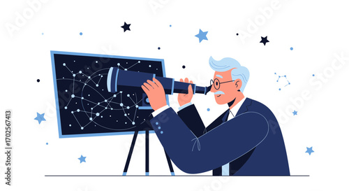 Observing The Cosmos: An Older Man Gazing Through A Telescope At Constellations