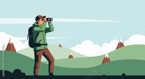 Observational Tourist Standing Outdoors With Backback Viewing Mountainous Natural Regions