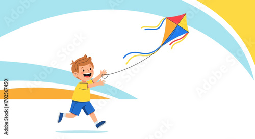 Joyful Young Boy Delighted While Flying A Colorful Kite In A Sunny, Expanse of White Space