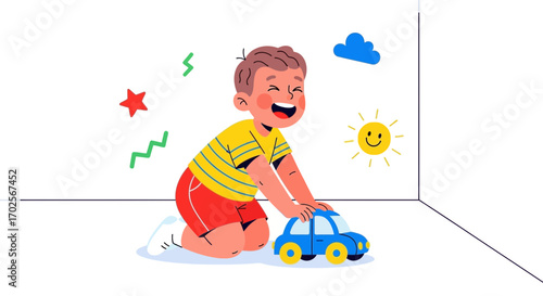 Joyful Young Boy Playing With Toy Car On White Background With Playful Elements