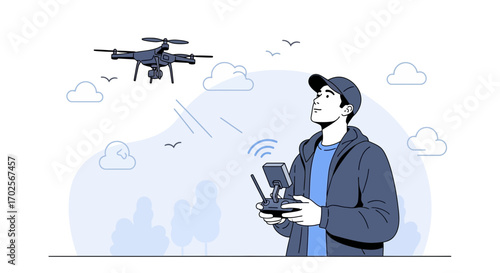 Observer Controlling Drone, Vector Illustration Showing Aerial Device and User in Action
