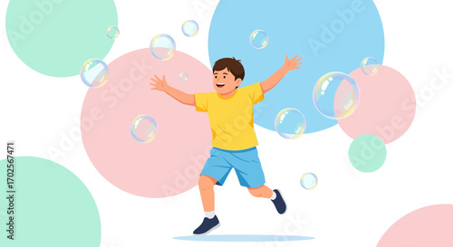 Joyful Young Boy Plays Amidst Colorful Bubbles In Whimsical Illustration