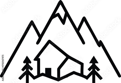 cabin nestled among mountains and pine trees