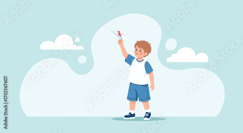 Joyful Young Lad Launches Paper Airplane Towards Open Sky and Fluffy Clouds