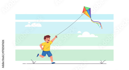 Joyful Young Male Child Running Outdoors Flying a Colorful Kite In Summer