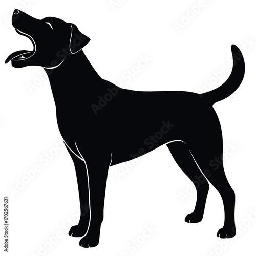 Black silhouette of a dog with tongue out and mouth open on white background Keywords: dog