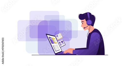 Online Support Representative Working With Laptop And Headset, Modern Illustration