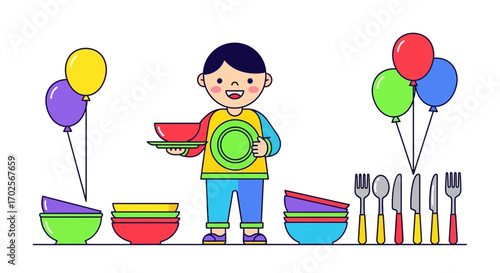 Joyful Young Person Holding Plates Amidst Balloons and Diverse Cutlery Displaying Celebration