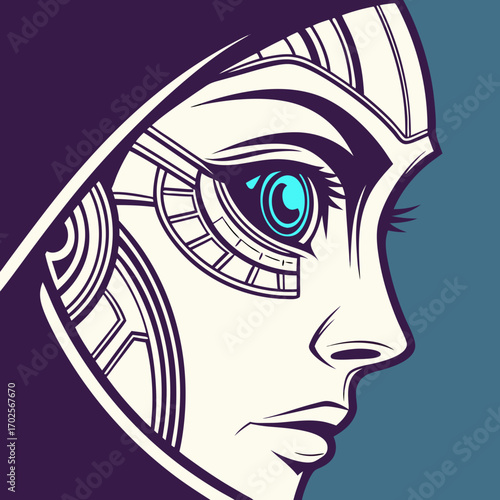 Futuristic female cyborg face with blue eye, science fiction concept