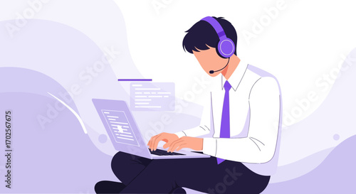 Online Support Specialist Wearing Headset Working Efficiently Using A Laptop Seamlessly  Providing