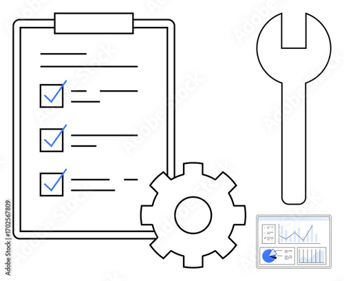 Clipboard with checklist, gear, wrench, and data chart. Ideal for maintenance, task management, productivity, planning, innovation engineering and a simple landing page