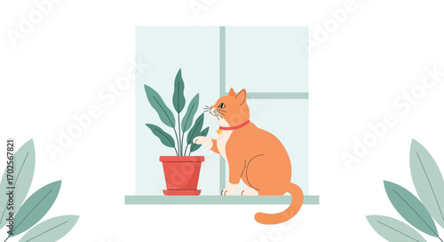 Orange Cat Observing Potted Plant Near Window Simple Illustration with Minimal Style