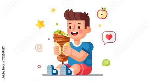 Joyful Youngster Delightedly Embracing A Delicious Wrap, Enjoying a Tasty Meal