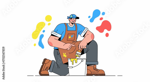 Painter Kneeling Beside Paint Bucket with Brush Illustrating Colorful Splashes Creative Art