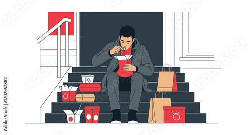 Outdoor Meal: Man Enjoying Food on Steps, Surrounded by Takeout Containers and Bags