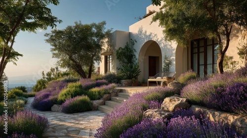 An idyllic house nestled in a lush garden at twilight, stone pathway lined with vibrant lavender bushes,