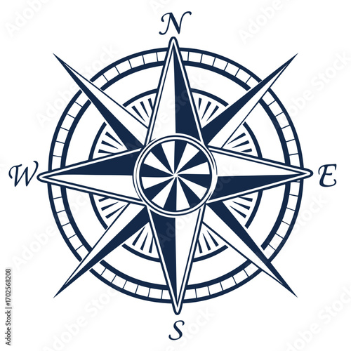 Navy blue compass rose for navigation and travel