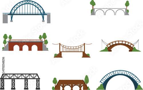 PrintCollection of eight different bridge illustrations showing various architectural styles, structural designs, and materials for engineering, architecture, and educational purposes