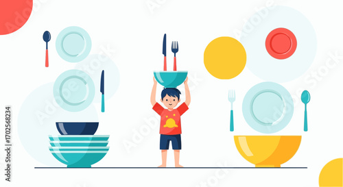 Kid Balancing Dinnerware: A Playful Depiction of Table Setting and Culinary Fun