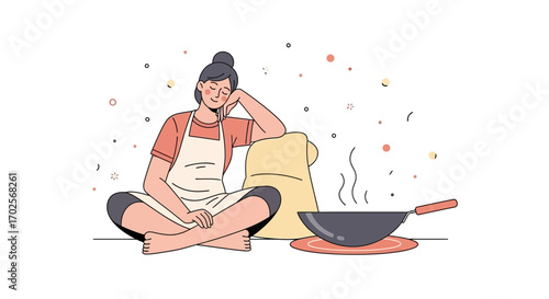 Peaceful Cook Meditating Beside Hot Wok, Expressing Contentment and Serenity Perfectly