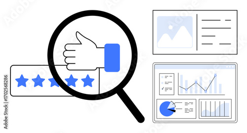 Magnified thumbs-up over star ratings alongside analytics dashboard and report graphics. Ideal for feedback, customer reviews, data tracking, business insights, user experience, market research