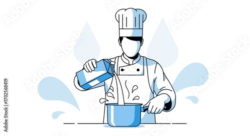 Kitchen Scene: Chef Pouring Liquid into Pot, Culinary Process Illustrated and Detailed