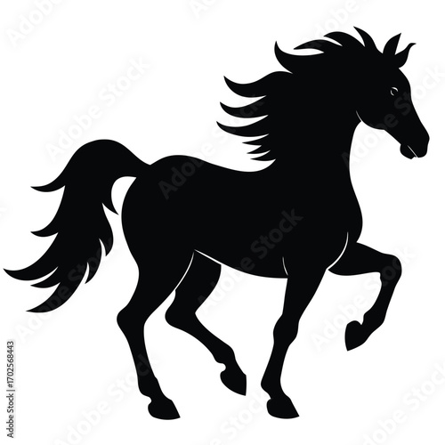 Black silhouette of a galloping horse with flowing mane and tail running