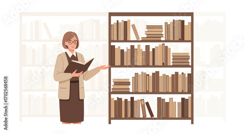 Knowledgeable Educator Presenting Literature Selection Beside a Full Bookshelf Display