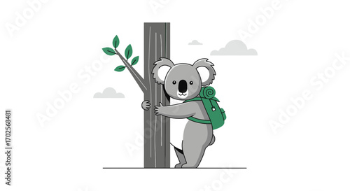 Koala Preparing To Explore The World Carrying A Backpack And Hugging A Tree With Clouds.