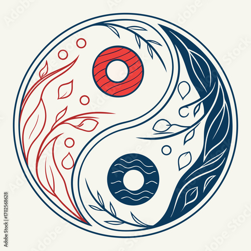 Yin yang symbol with floral elements in red and blue color scheme