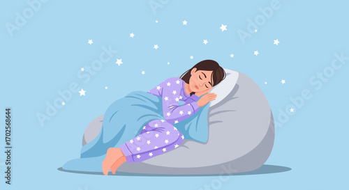 Peaceful Slumber: A Woman Enjoying a Restful Night on a Beanbag with Stars