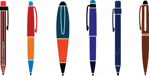  collection of colorful pens set of different pen styles and colors vector illustration of various pens in red, blue, and brown hues, perfect for office and school designs