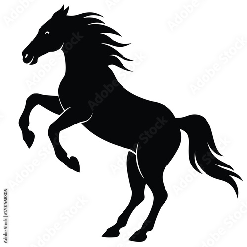 Black silhouette of a prancing horse with flowing mane and tail on white background animal
