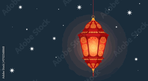 Lantern Illuminated Against Starry Night Sky: An Artistic Vector Illustration for Celebrations
