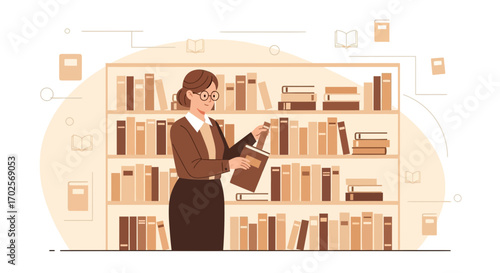 Librarian Selecting Book From Shelf In Library Featuring Literature And Knowledge