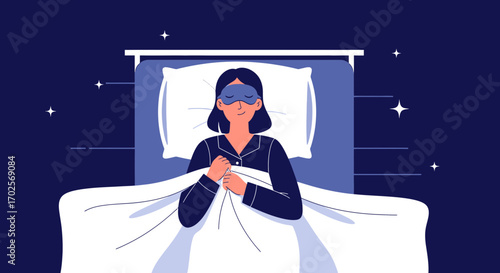 Peaceful Slumber: Woman Reclines in Bed Beneath a Night Sky, Dreaming Sweet Dreams