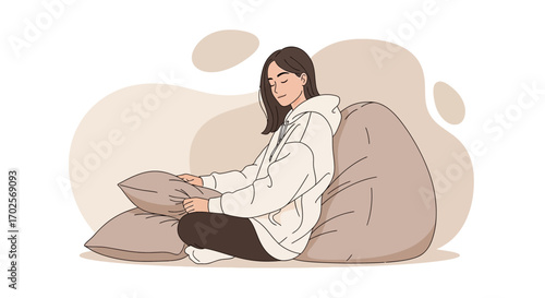 Peaceful Woman Enjoys Moment of Serenity and Comfort While Sitting on a Comfortable Couch