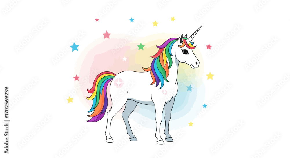 Fototapeta premium Magical Unicorn With Rainbow Mane And Tail Surrounded By Colorful Stars And Swirls