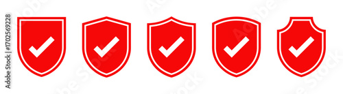 Red shield icons with white checkmarks symbolizing security, protection, verification, and successful validation on a white background, evenly spaced in a horizontal line