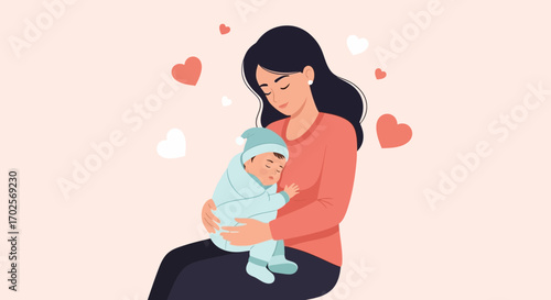 Loving Mother Holds Newborn With Hearts Floating, Illustrating Joy And Maternal Warmth
