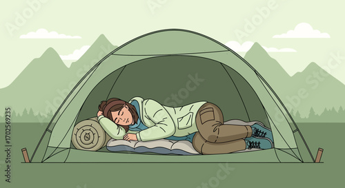 Peaceful Woman Sleeping Comfortably Inside A Camping Tent During Outdoor Adventures