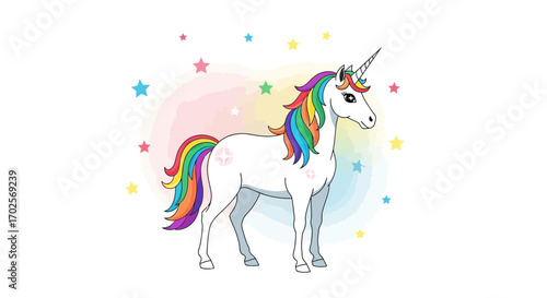 Magical Unicorn With Rainbow Mane And Tail Surrounded By Colorful Stars And Swirls