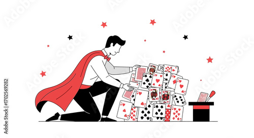 Magician Displaying Playing Cards with a Top Hat and Red Cape in Vector Illustration
