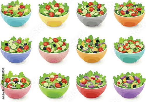 PrintSet of fresh vegetable salad bowls with tomatoes, cucumbers, olives, onions, peppers, lettuce, healthy food, vegetarian, organic meal vector