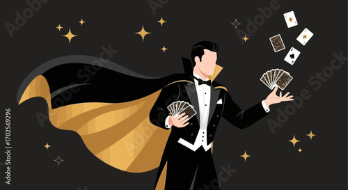 Magician Performing Card Tricks with Flowing Cape and Star-Shaped Embellishments