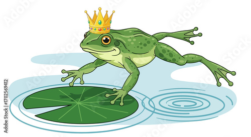 Majestic Frog King with Crown, Resting on a Lily Pad, In Calm Water
